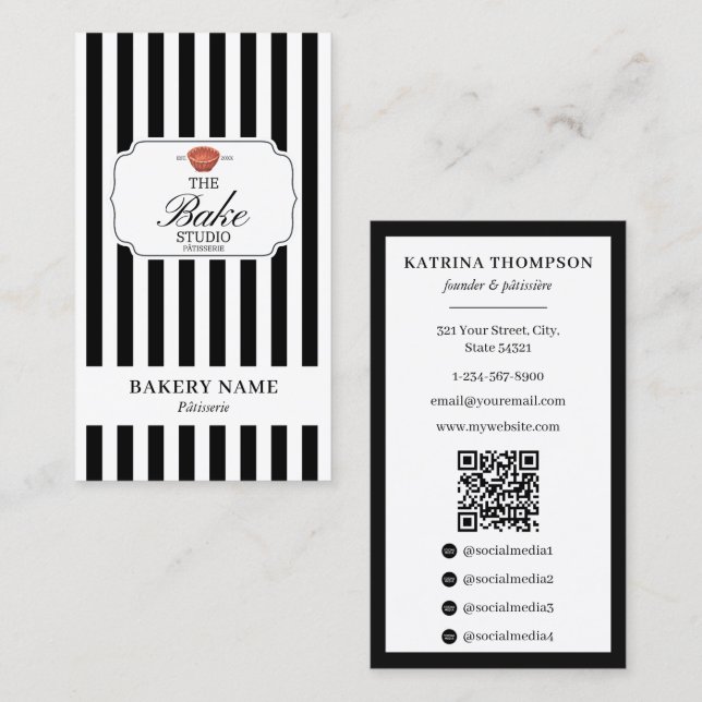 Tarjeta De Visita Preppy Black White Stripes Bakery Logo QR Code (Anverso / Reverso)