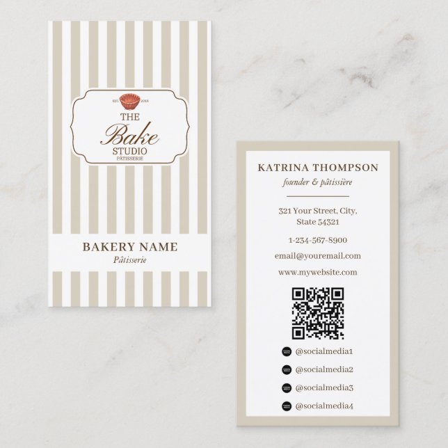 Tarjeta De Visita Preppy Brown & Beige Stripes Bakery Logo QR Code (Anverso / Reverso)