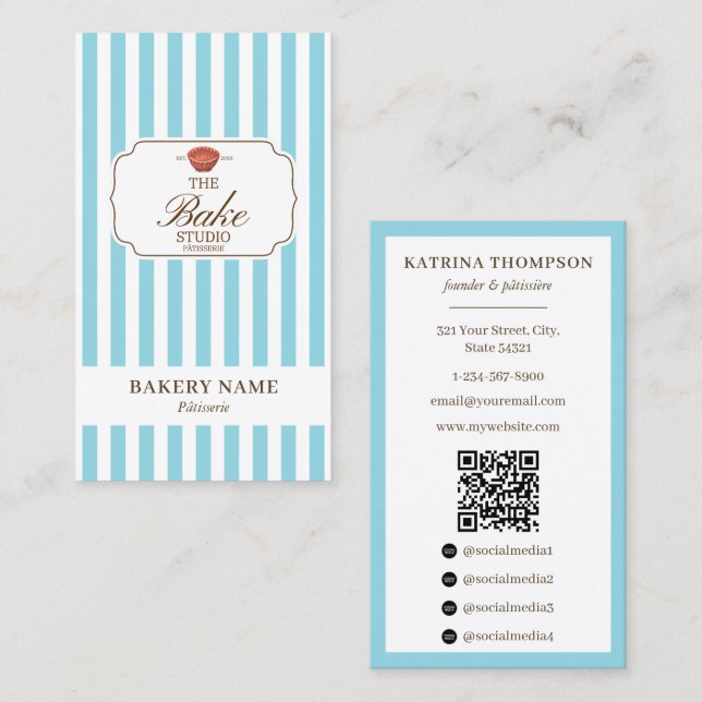 Tarjeta De Visita Preppy Brown & Blue Stripes Bakery Logo QR Code (Anverso / Reverso)