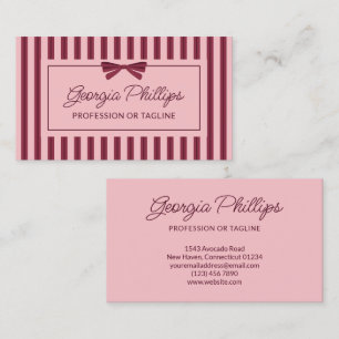 Tarjeta De Visita Preppy Burgundy y Rayas Rosadas y Lazo Retro