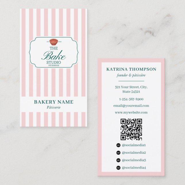 Tarjeta De Visita Preppy Green & Pink Stripes Bakery Logo QR Code (Anverso / Reverso)