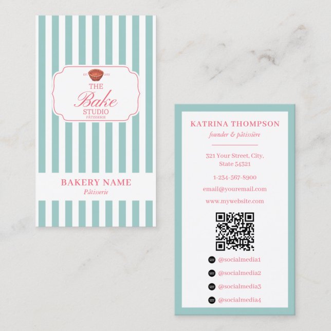 Tarjeta De Visita Preppy Green & Pink Stripes Bakery Logo QR Code (Anverso / Reverso)