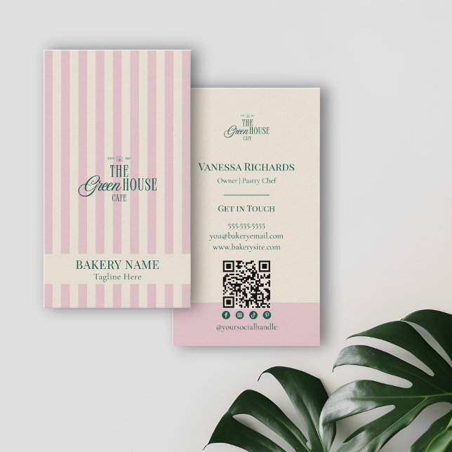 Tarjeta De Visita Preppy Pink Stripes Green Bakery Logo QR Code  (Subido por el creador)