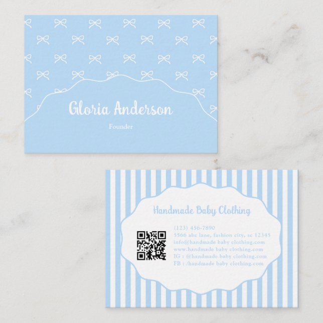 Tarjeta De Visita Pretty Girly Feminine Blue White Bow Stripes (Anverso / Reverso)