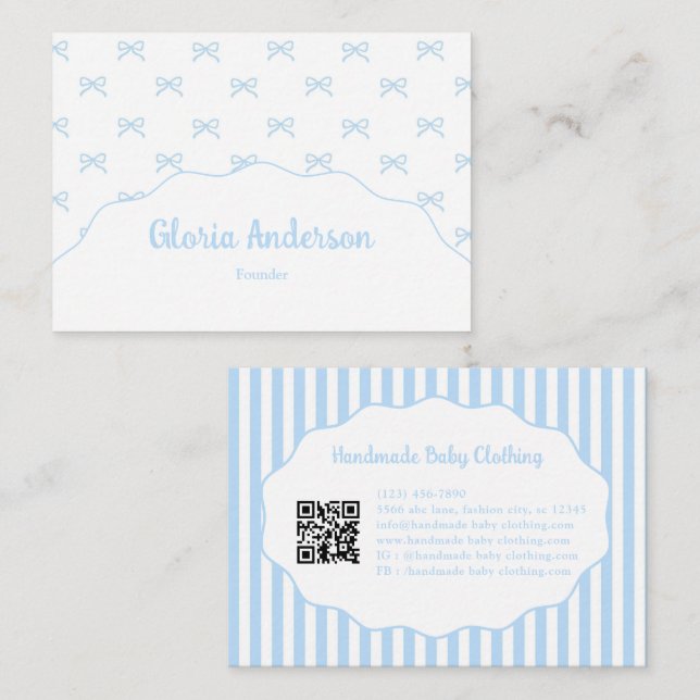 Tarjeta De Visita Pretty Girly Feminine Blue White Bow Stripes (Anverso / Reverso)