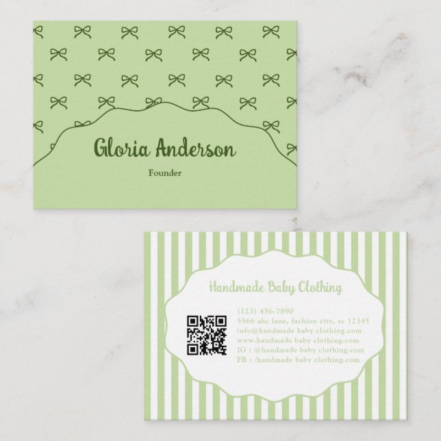 Tarjeta De Visita Pretty Girly Feminine Green Bow Stripe Pattern (Anverso / Reverso)