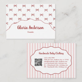 Tarjeta De Visita Pretty Girly Feminine Pink Red Bow Stripe Pattern