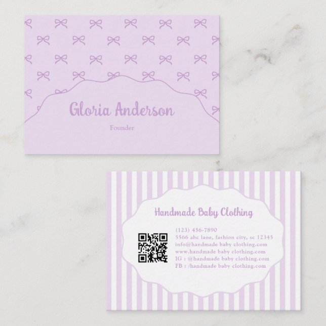 Tarjeta De Visita Pretty Girly Feminine Purple White Bow Stripes (Anverso / Reverso)