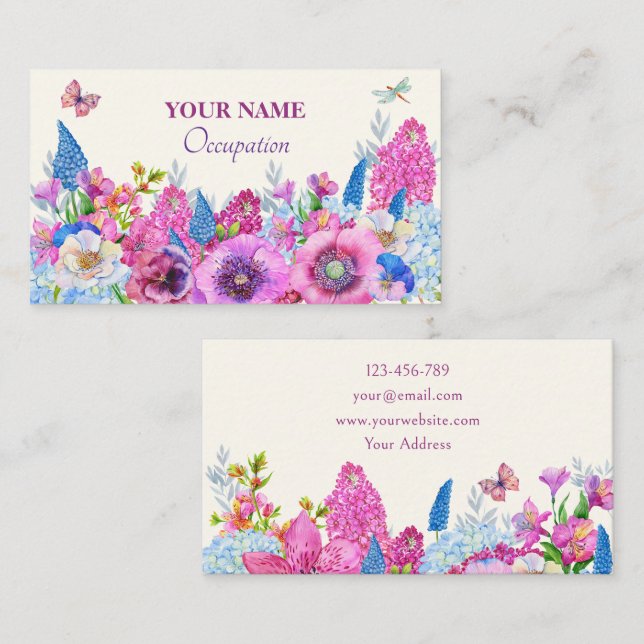 Tarjeta De Visita Primavera de flores azul morado (Anverso / Reverso)