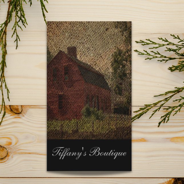 Tarjeta De Visita Primitiva burlap casa de campo de granero rojo (Primitive burlap country farmhouse red barn business card)