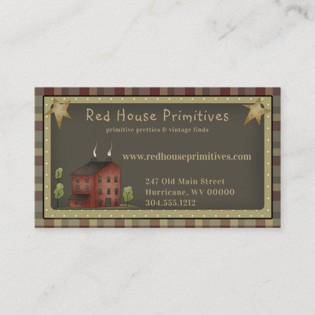 Tarjeta De Visita Primitive Country Rustic Saltbox y Stars (Anverso)