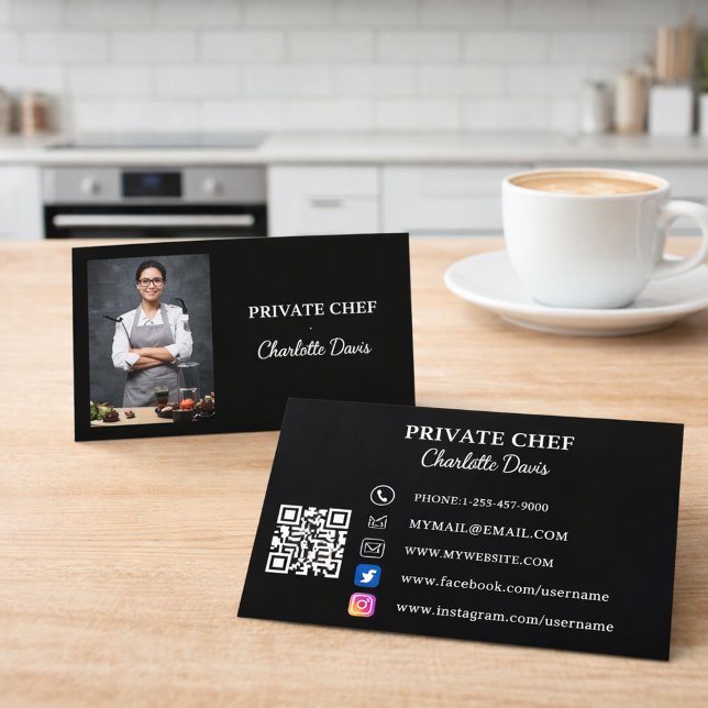 Tarjeta De Visita Private chef black white photo catering QR code (Subido por el creador)