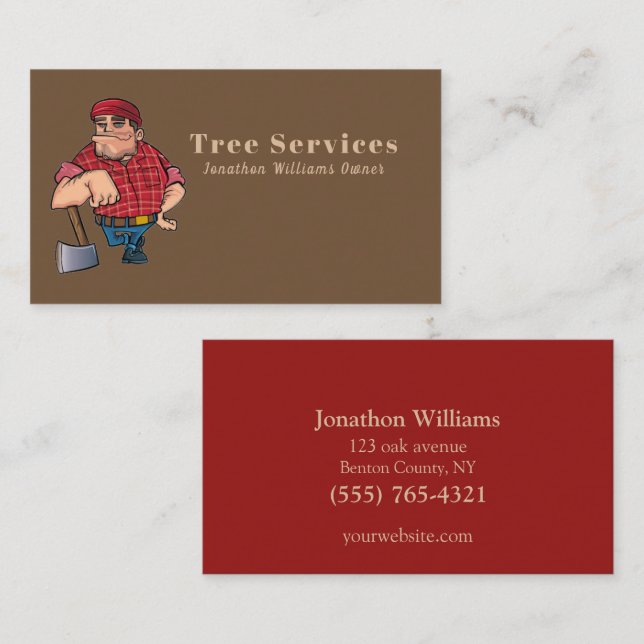 Tarjeta De Visita Profesional Beige & Red Tree Service Guy Business (Anverso / Reverso)