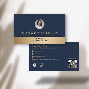 Tarjeta De Visita Profesional Blue & Gold Photo Notary Business QR