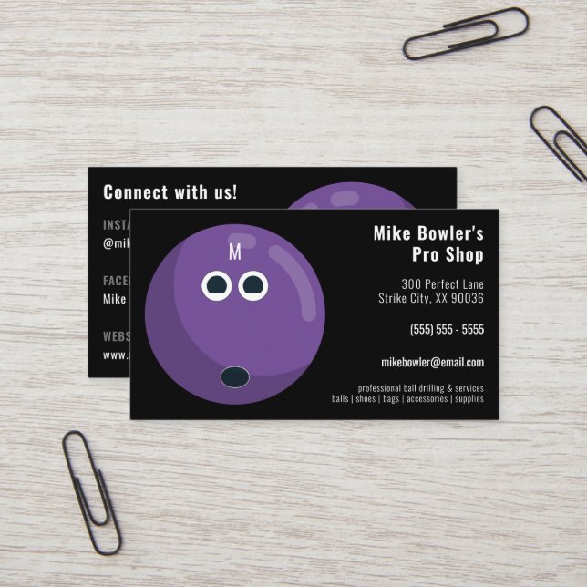 Tarjeta De Visita Profesional Bowling Pro Shop | Negro (Anverso/Reverso In Situ)
