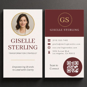 Tarjeta De Visita Profesional Burgundy Gold Photo QR Código moderno