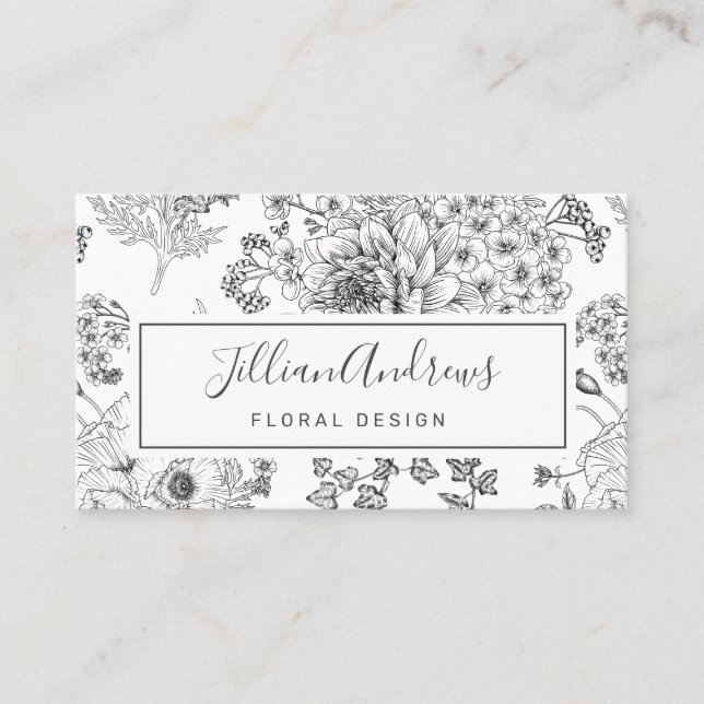 Tarjeta De Visita Profesional de diseño floral de Rosa blanco negro  (Anverso)