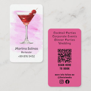 Tarjeta De Visita profesional de la barra de bebidas   Acuarela rosa