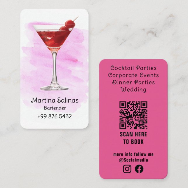 Tarjeta De Visita profesional de la barra de bebidas | Acuarela rosa (Anverso / Reverso)