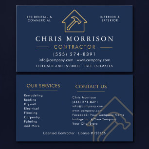 Tarjeta De Visita Profesional de la construcción azul marino dorado