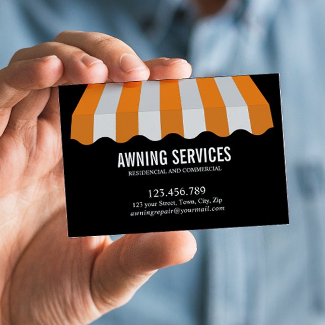 Tarjeta De Visita Profesional de limpieza de los servicios de limpie (Yellow and White Striped Awning Business Card: Custom Design, Repair, Motorization, and More Service)