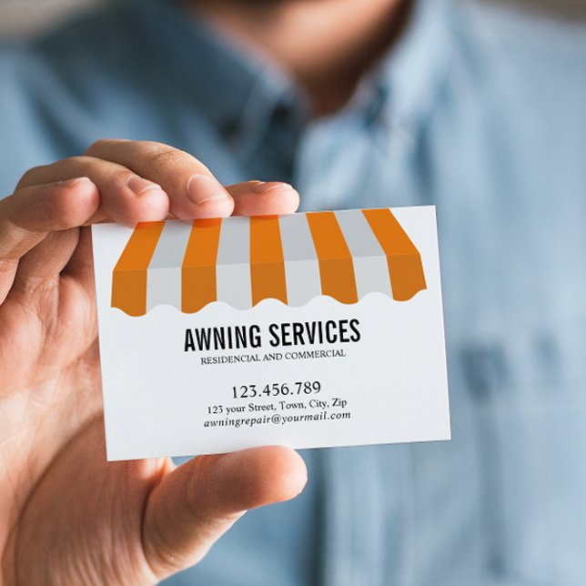 Tarjeta De Visita Profesional de limpieza de los servicios de limpie (Yellow White Awning Business Card professional Services in Custom Design, Repair, Motorization)