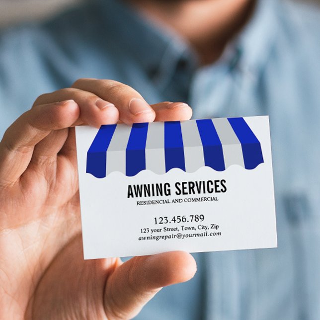 Tarjeta De Visita Profesional de limpieza de servicios de limpieza d (Blue and White business card for awning services with lines of custom text and list of services)