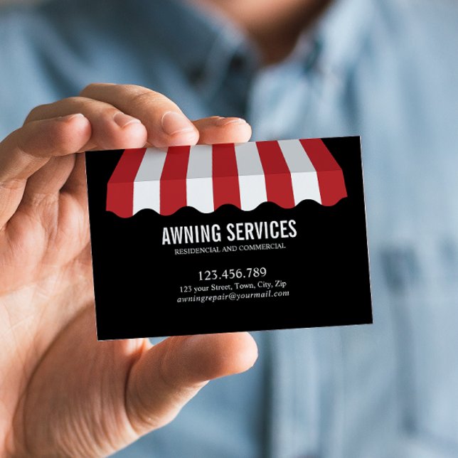 Tarjeta De Visita Profesional de limpieza de servicios de limpieza d (Red and White Eye-Catching Networking Card for Awning Business Services Listed on Back)
