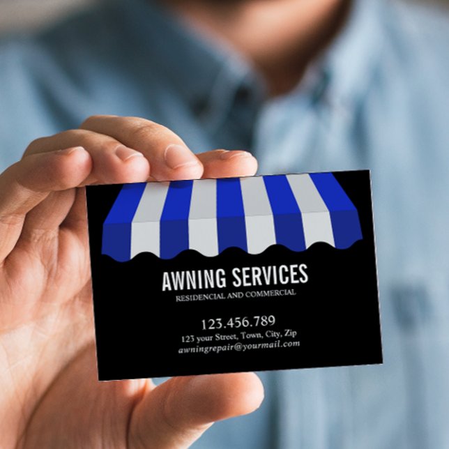 Tarjeta De Visita Profesional de limpieza de servicios de limpieza d (Eye-Catching Blue and White Striped Awning Business Card with full contact and list of services)