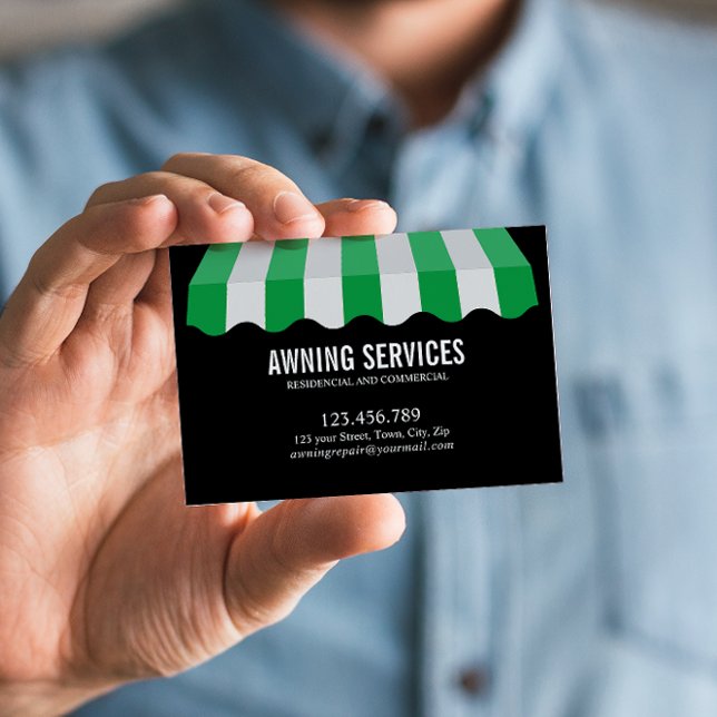 Tarjeta De Visita Profesional de limpieza de servicios de limpieza G (Striped Green and White Awning Business Card: Sleek Sans Serif Name in White Font)