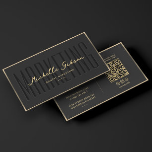 Tarjeta De Visita Profesional de marketing elegante Black Faux Gold