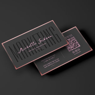 Tarjeta De Visita Profesional de Marketing Negro Rosa Estético