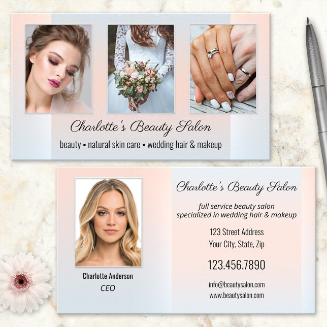 Tarjeta De Visita Profesional de Salón de Belleza de Cartera de Foto (Elegant business card featuring your custom photos on a dusty blue and peach design)