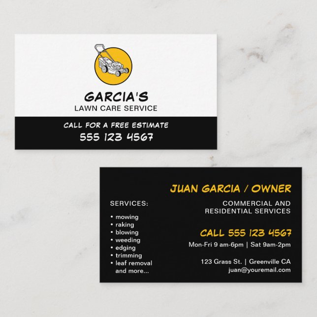 Tarjeta De Visita Profesional de servicio de cuidado de césped negro (Anverso / Reverso)