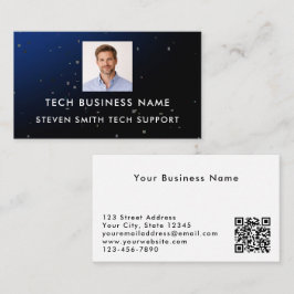Tarjeta De Visita Profesional de Tecnología de Código QR y Foto Azul