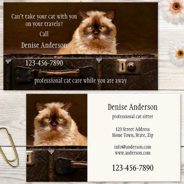 Tarjeta de visita profesional del canguro del gato (Business card featuring a cute grumpy cat in a travel case. Great for a cat sitter)