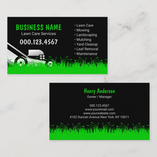 Tarjeta De Visita Profesional en Cuidado de Césped Verde Negro (Anverso / Reverso)