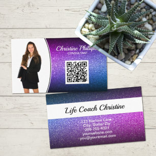 Tarjeta De Visita Profesional Glitter Ombre Morado Foto Personalizad