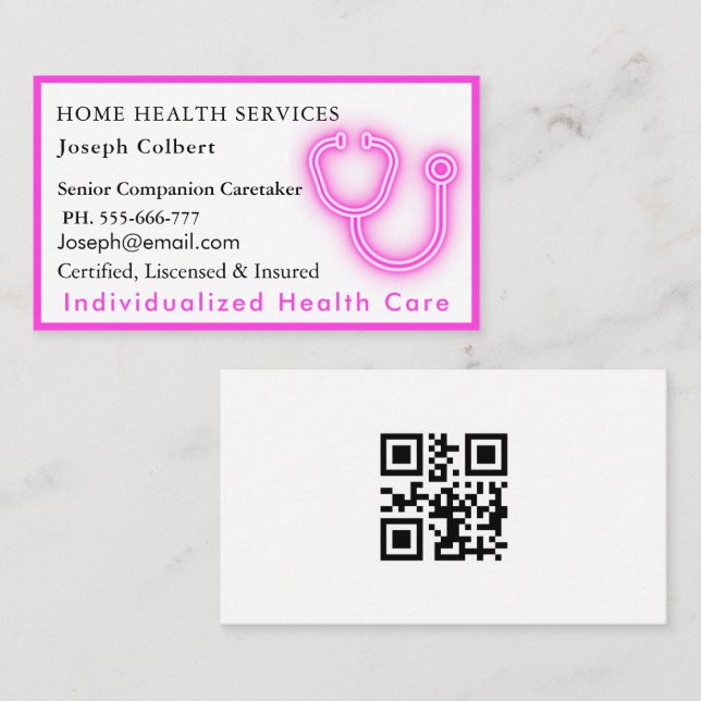 Tarjeta De Visita Profesional Health Careger Medical QR Code rosa (Anverso / Reverso)