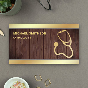 Tarjeta De Visita Profesional Médico Rústico Wood Gold Stethoscope