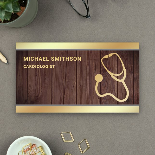 Tarjeta De Visita Profesional Médico Rústico Wood Gold Stethoscope (Subido por el creador)