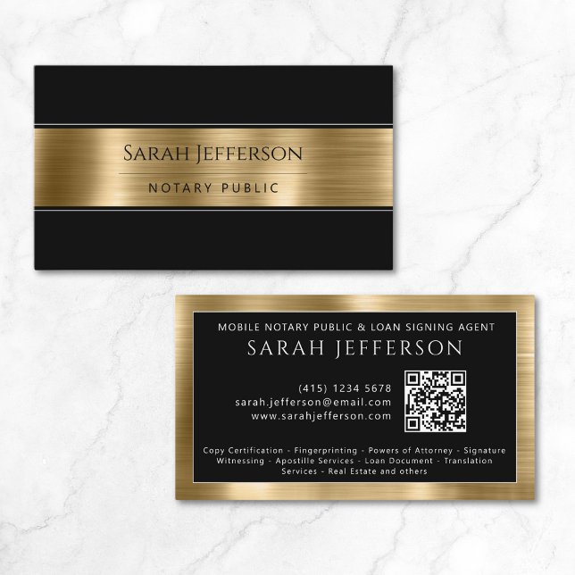 Tarjeta De Visita Profesional Metálico Oro Negro QR Notario Público (Professional Metallic Gold Black QR Notary Public Business Card)