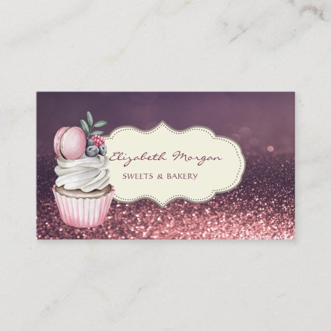 Tarjeta De Visita Profesional Moderno, Bokeh Purpurina, Cupcake Maca (Anverso)