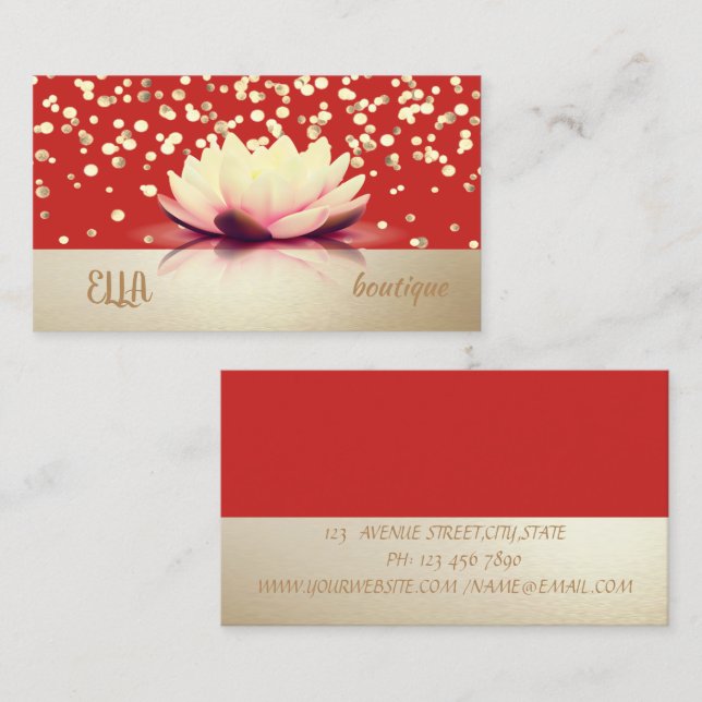 Tarjeta De Visita Profesional Moderno, Gold Confetti, Rojo, Lotus (Anverso / Reverso)