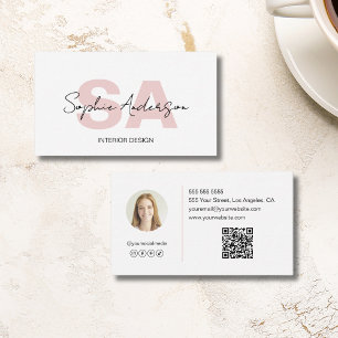 Tarjeta De Visita Profesional moderno monograma blanco rosado