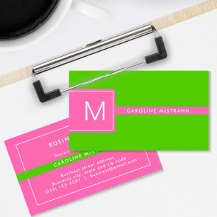 Tarjeta De Visita Profesional Preppy con Monograma Rosa y Verde Lima