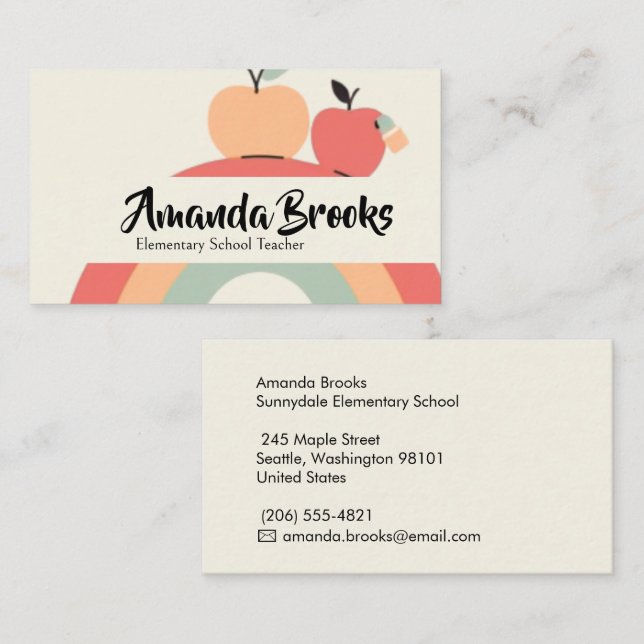 Tarjeta De Visita Profesor de Escuela Apples Arcoíris Lindo (Anverso / Reverso)