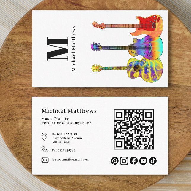 Tarjeta De Visita Profesor de guitarra código QR y Personalizado de  (Modern guitar music teacher professional musician qr code & social media black & white Business Card)