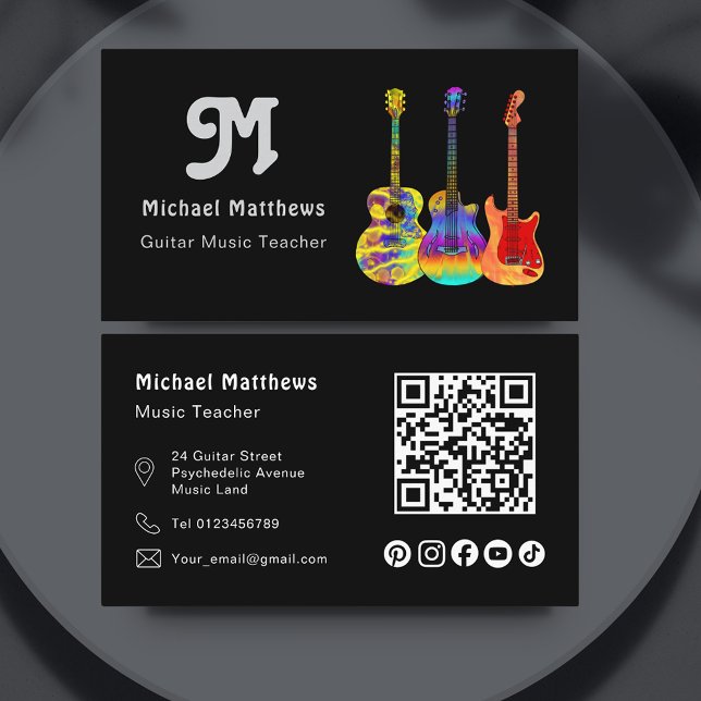 Tarjeta De Visita Profesor de guitarra musical Código QR Personaliza (Retro Guitar Music Teacher Website QR Code & Social Media Custom black Business Card)