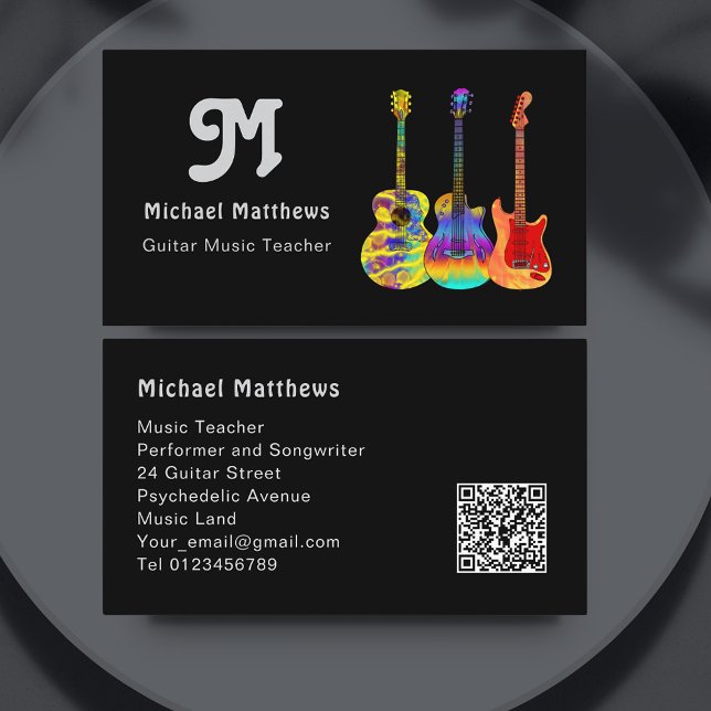 Tarjeta De Visita Profesor de guitarra Personalizado de código QR (Modern Guitar Teacher Social Media Logo custom template sleek black Business Card  )
